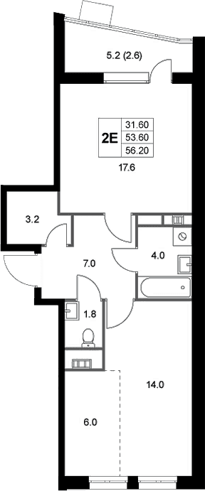 Планировка: Евродвушка 53,6 м² в ЖК «Легенда Коренево»