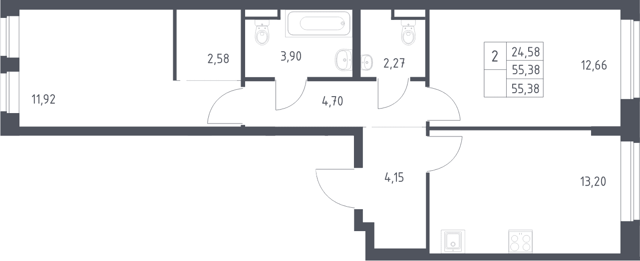 Планировка: 2-комнатная квартира 55,4 м² в ЖК «Рублевский квартал»