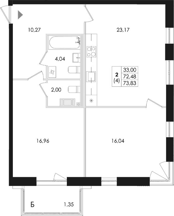 Планировка: Евротрёшка 72,5 м² в ЖК «Лисино»
