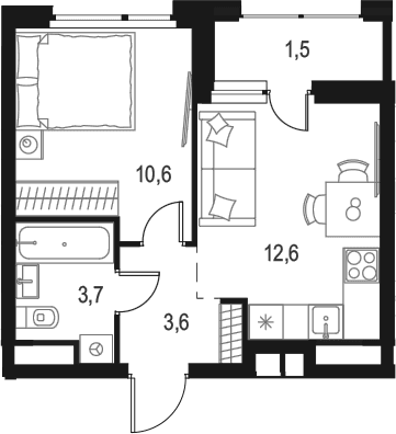 Планировка: 1-комнатная квартира 30,5 м² в ЖК «Левел Лесной»