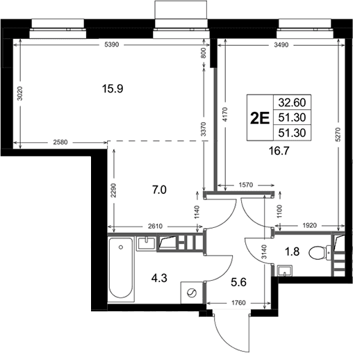 Планировка: Евродвушка 51,3 м² в ЖК «Кореневский Форт 2.3»
