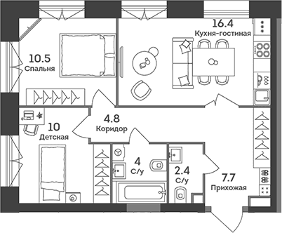 Планировка: Евротрёшка 55,8 м² в ЖК «ЭРА»