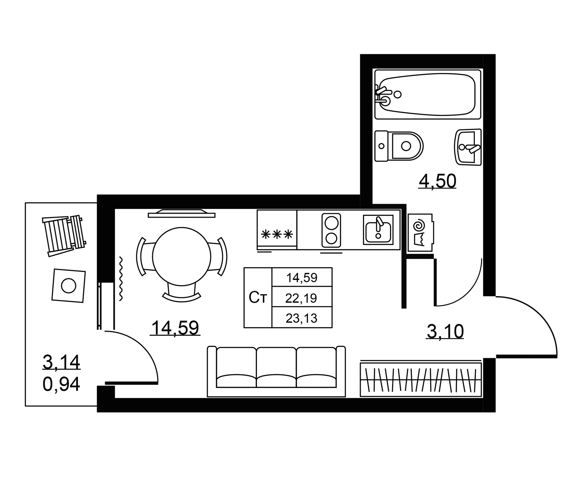 Планировка: Студия 22,2 м² в ЖК «Пулковское, 34»