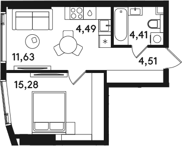 Планировка: Евродвушка 40,3 м² в ЖК «СОЛОС»