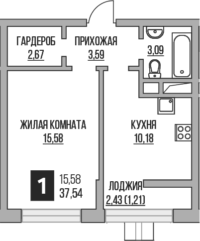 Планировка: 1-комнатная квартира 35,1 м² в ЖК «Гранель Пехра»