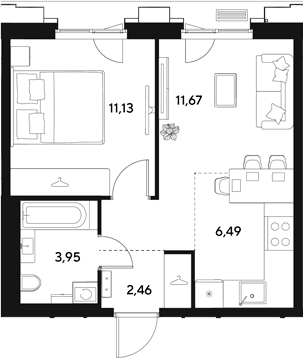 Планировка: Евродвушка 35,7 м² в ЖК «ЭВО»