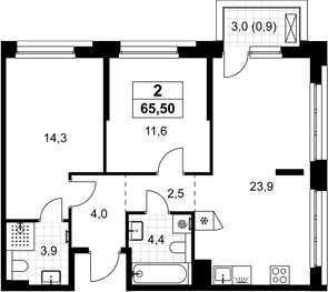 Планировка: Евротрёшка 64,6 м² в ЖК «Хольм»