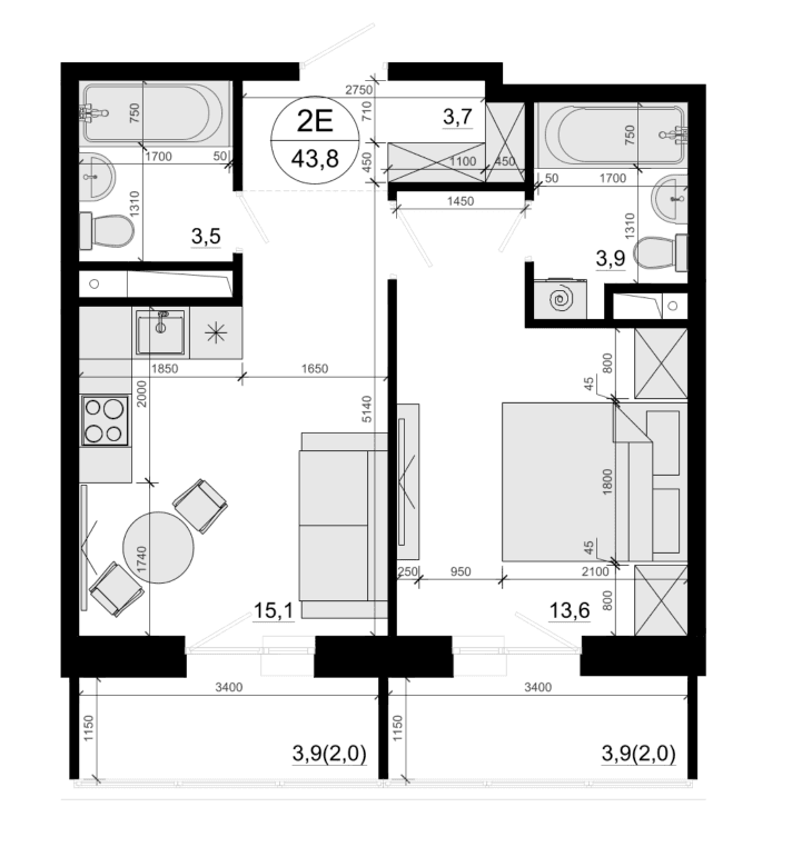 Планировка: Евродвушка 39,8 м² в ЖК «Одинцовские Кварталы Эволюция»