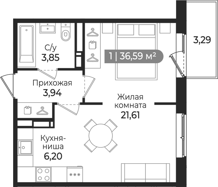 Планировка: Студия 35,6 м² в ЖК «Квинта»