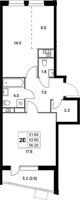Планировка: Евродвушка 53,6 м² в ЖК «Легенда Коренево»