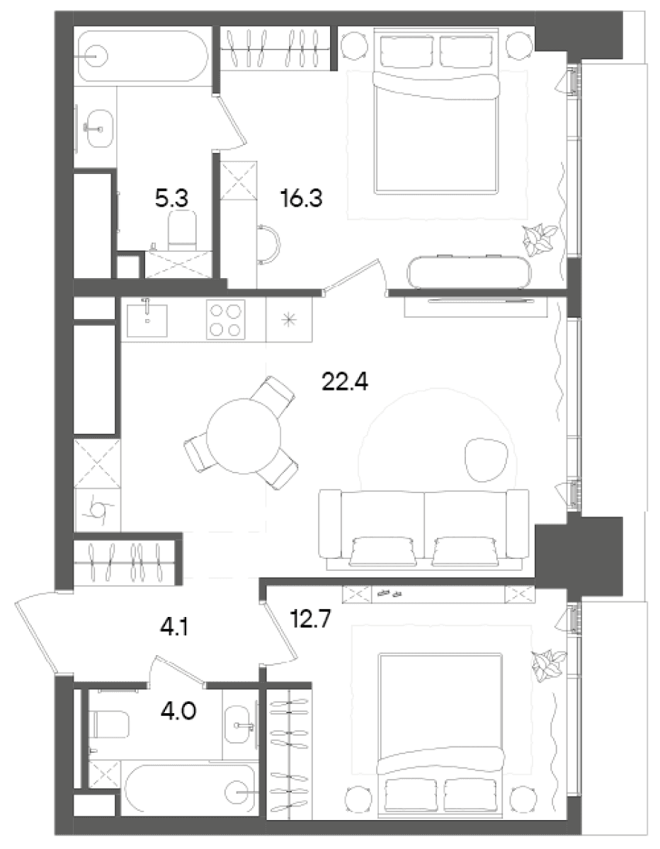 Планировка: Евротрёшка 64,8 м² в ЖК «СТОУН Грэйн»