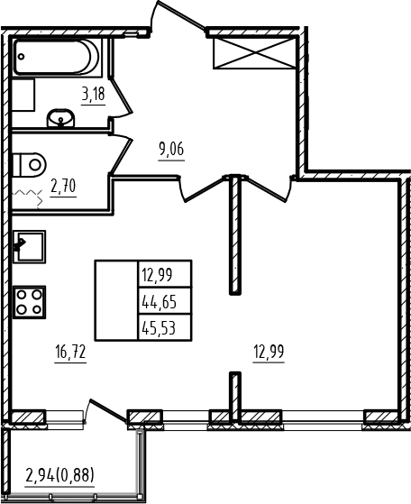 Планировка: Евродвушка 44,7 м² в ЖК «Новая история»