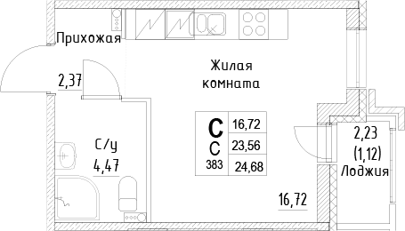 Планировка: Студия 23,6 м² в ЖК «ID Kudrovo II»