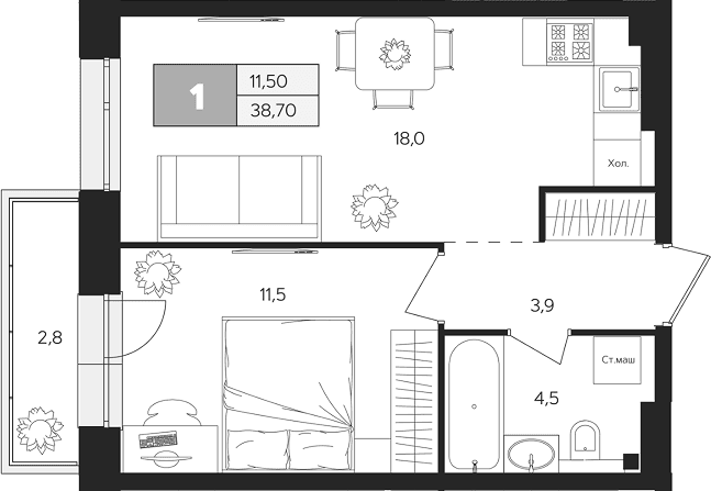 Планировка: 1-комнатная квартира 37,9 м² в ЖК «Ласточкино»