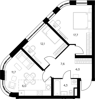 Планировка: Евротрёшка 69,9 м² в ЖК «Адмирал»