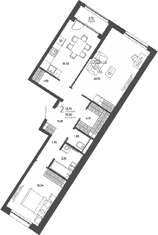 Планировка: 2-комнатная квартира 70 м² в ЖК «Страна.Парковая»