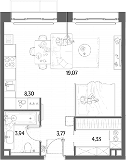 Планировка: Студия 39,4 м² в ЖК «МЫС»