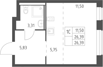 Планировка: Студия 26,4 м² в ЖК «Горки Парк»
