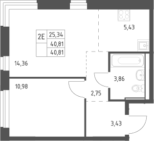Планировка: Евродвушка 40,8 м² в ЖК «Квартал Ивакино»