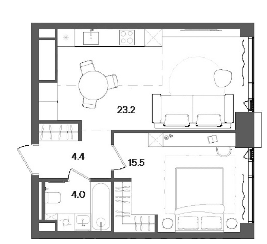 Планировка: Евродвушка 45,6 м² в ЖК «СТОУН Грэйн»
