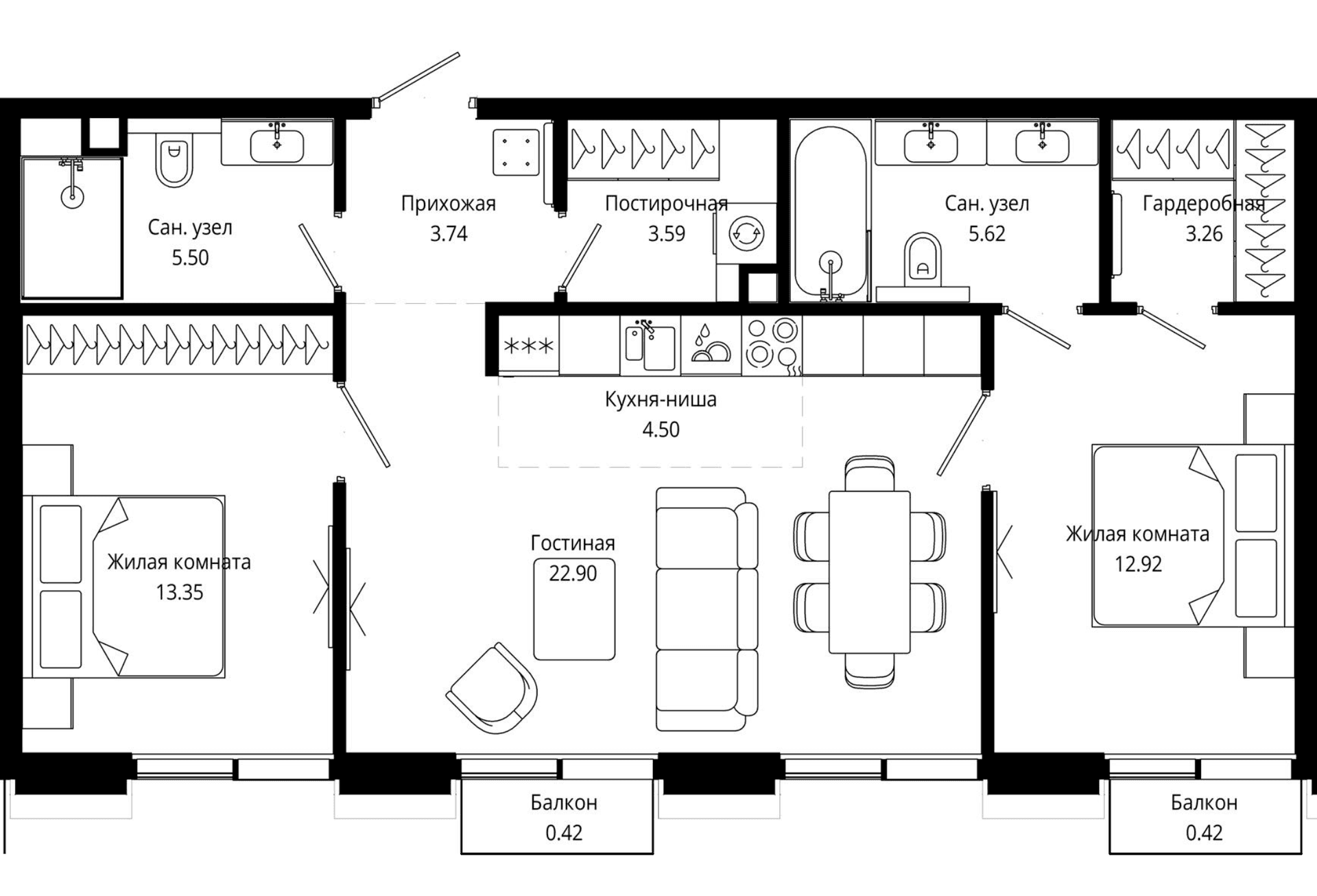Планировка: Евротрёшка 75,6 м² в ЖК «Мод»