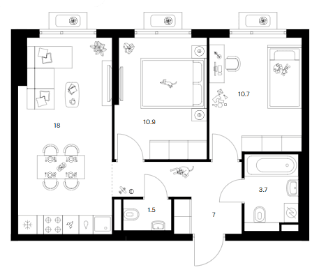 Планировка: 2-комнатная квартира 51,8 м² в ЖК «Белая Дача парк»