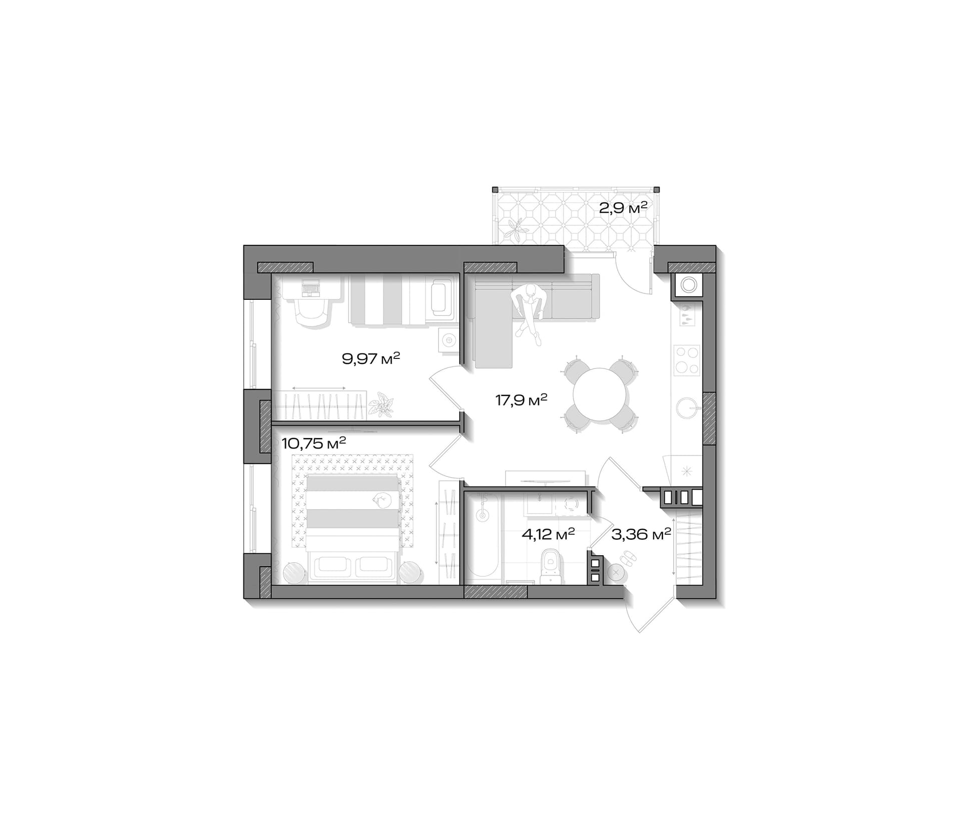 Планировка: Евротрёшка 46,1 м² в ЖК «Аксиома.Возрождение»