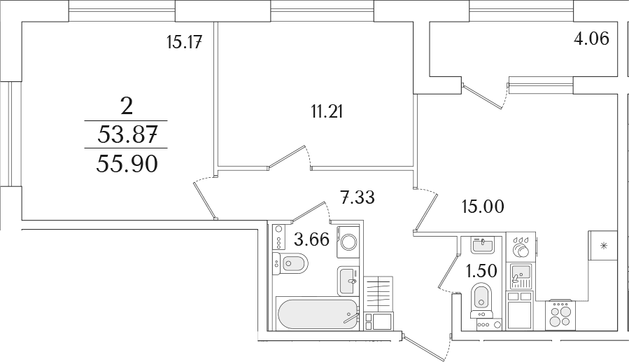 Планировка: 2-комнатная квартира 53,9 м² в ЖК «Аурум»