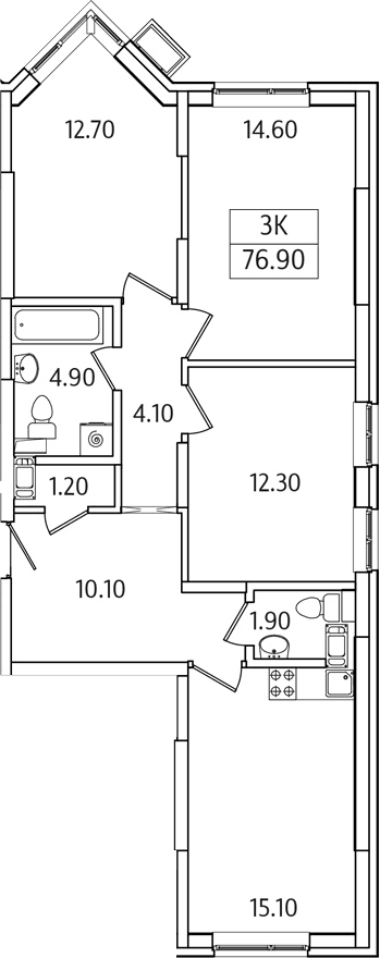 Планировка: 3-комнатная квартира 76,9 м² в ЖК «Видный Берег 2.0»
