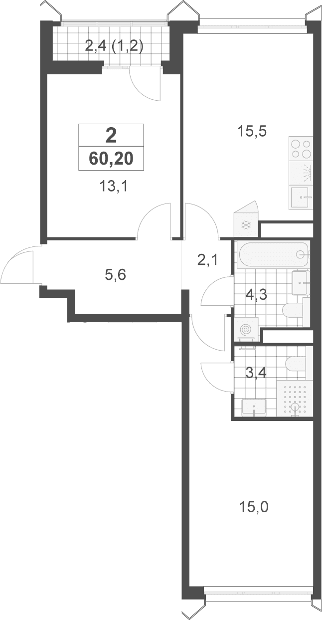 Планировка: 2-комнатная квартира 59 м² в ЖК «Деснаречье»