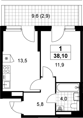 Планировка: 1-комнатная квартира 35,2 м² в ЖК «Деснаречье»