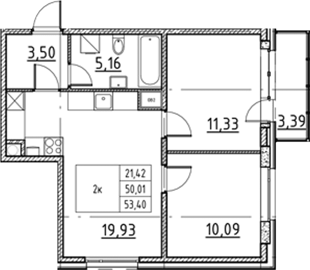 Планировка: Евротрёшка 50 м² в ЖК «Соло.Петергоф»
