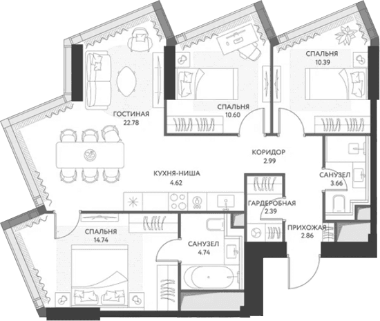 Планировка: Квартира евро-4 79,8 м² в ЖК «ХАЙДАУТ»