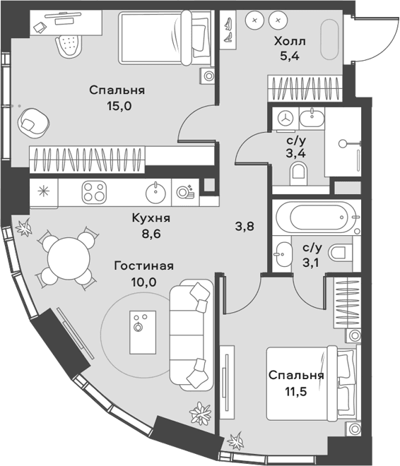 Планировка: Евротрёшка 60,8 м² в ЖК «АЛИА»