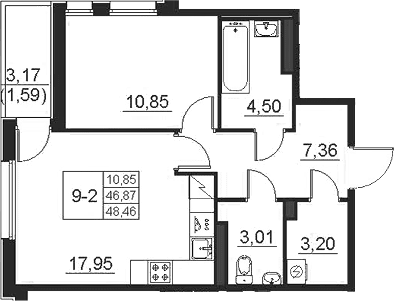 Планировка: Евродвушка 46,9 м² в ЖК «Поинт Токсово»