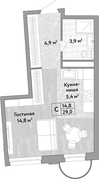 Планировка: Студия 29 м² в ЖК «Новые Смыслы»