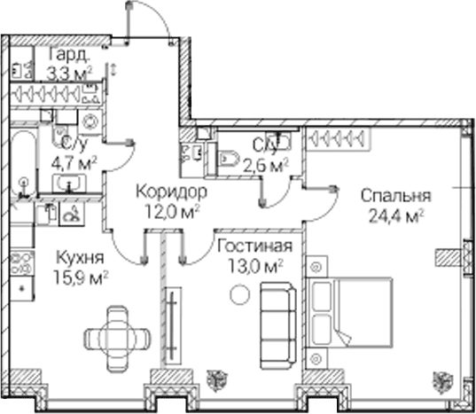 Планировка: 2-комнатная квартира 75,5 м² в ЖК «СЕЗАР БУДУЩЕЕ»