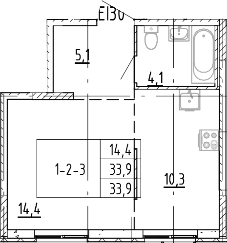 Планировка: Студия 33,9 м² в ЖК «Ягодное Река Парк»