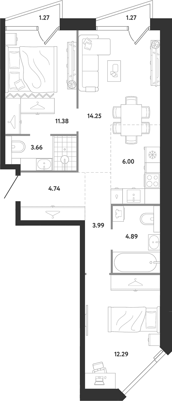 Планировка: 2-комнатная квартира 61,2 м² в ЖК «Ридж»