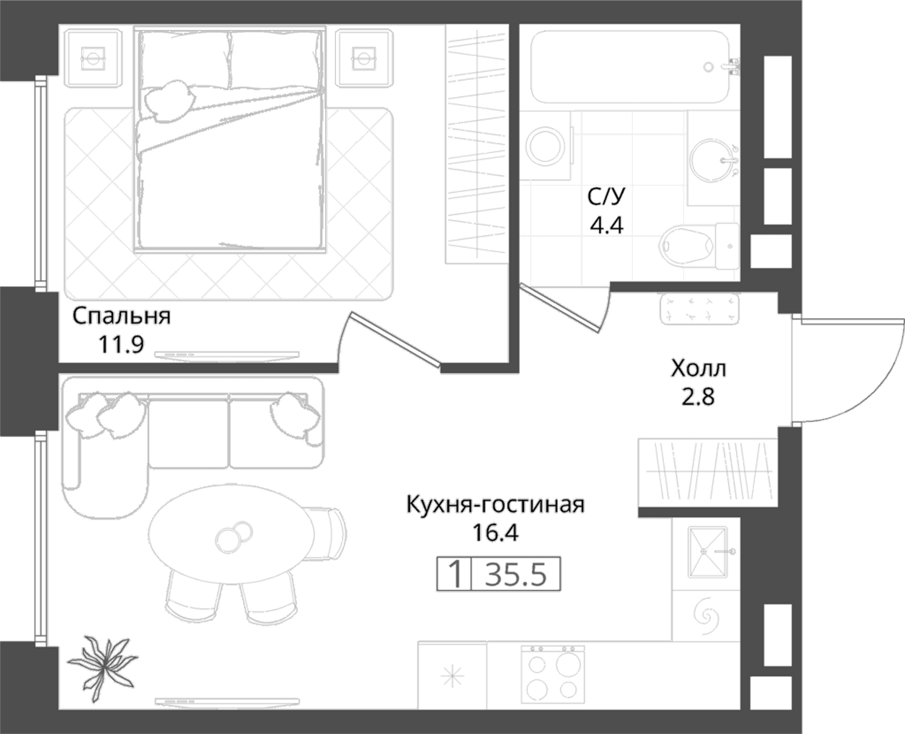 Планировка: 1-комнатная квартира 35,5 м² в ЖК «Коллекция»
