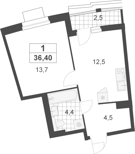 Планировка: 1-комнатная квартира 35,2 м² в ЖК «Деснаречье»