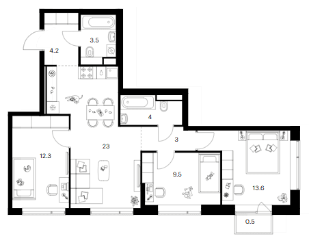 Планировка: 3-комнатная квартира 73,1 м² в ЖК «Бунинская набережная»