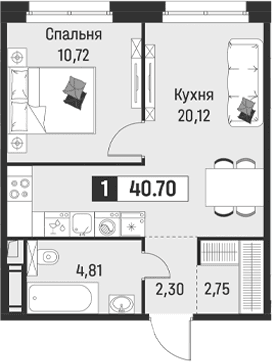 Планировка: Евродвушка 40,7 м² в ЖК «Символист»