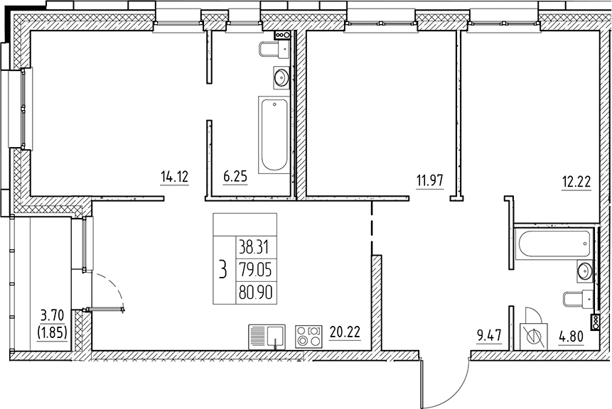 Планировка: Квартира евро-4 79,1 м² в ЖК «Сезоны»