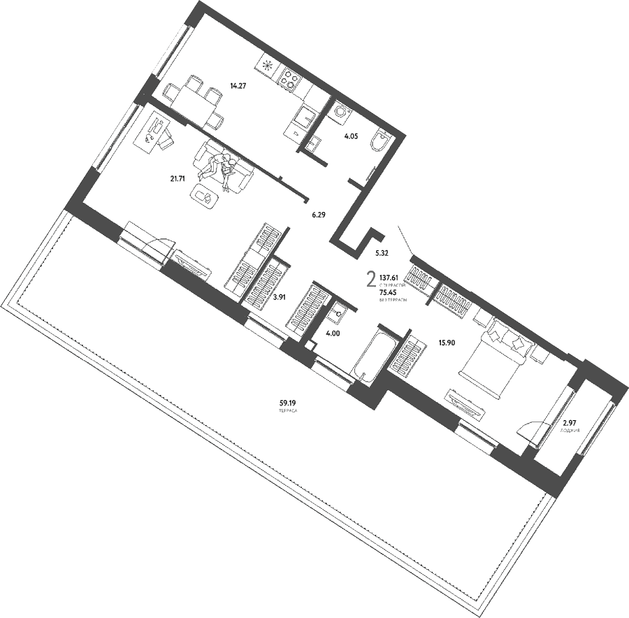 Планировка: 2-комнатная квартира 75,5 м² в ЖК «Страна.Парковая»