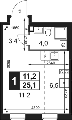 Планировка: Студия 25,1 м² в ЖК «1-й Ясеневский»