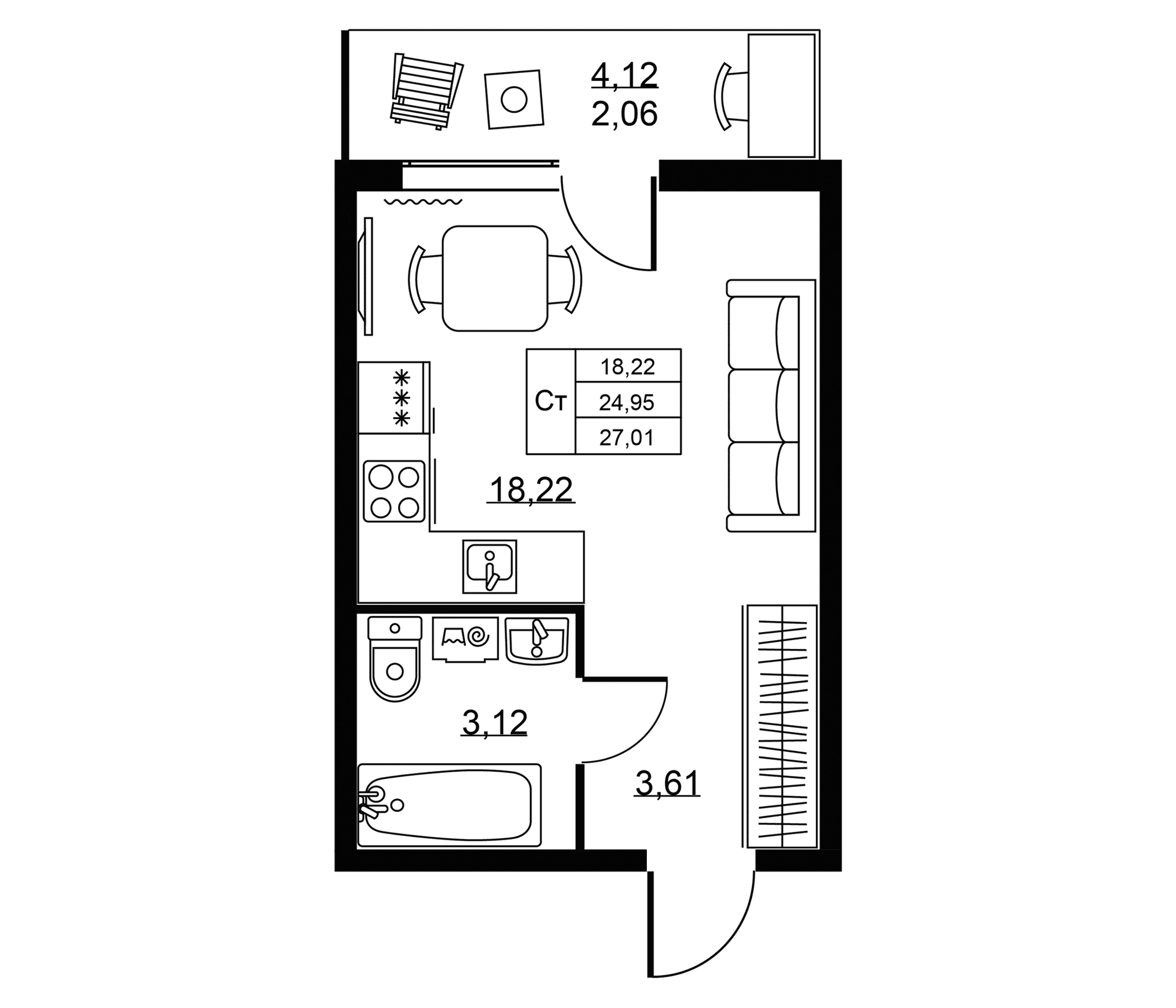 Планировка: Студия 25 м² в ЖК «Пулковское, 34»