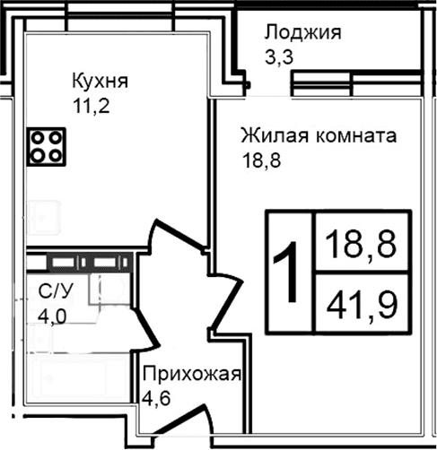 Планировка: 1-комнатная квартира 38,6 м² в ЖК «Троицкий»