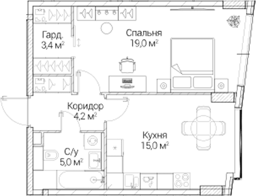 Планировка: 1-комнатная квартира 46,5 м² в ЖК «СЕЗАР БУДУЩЕЕ»