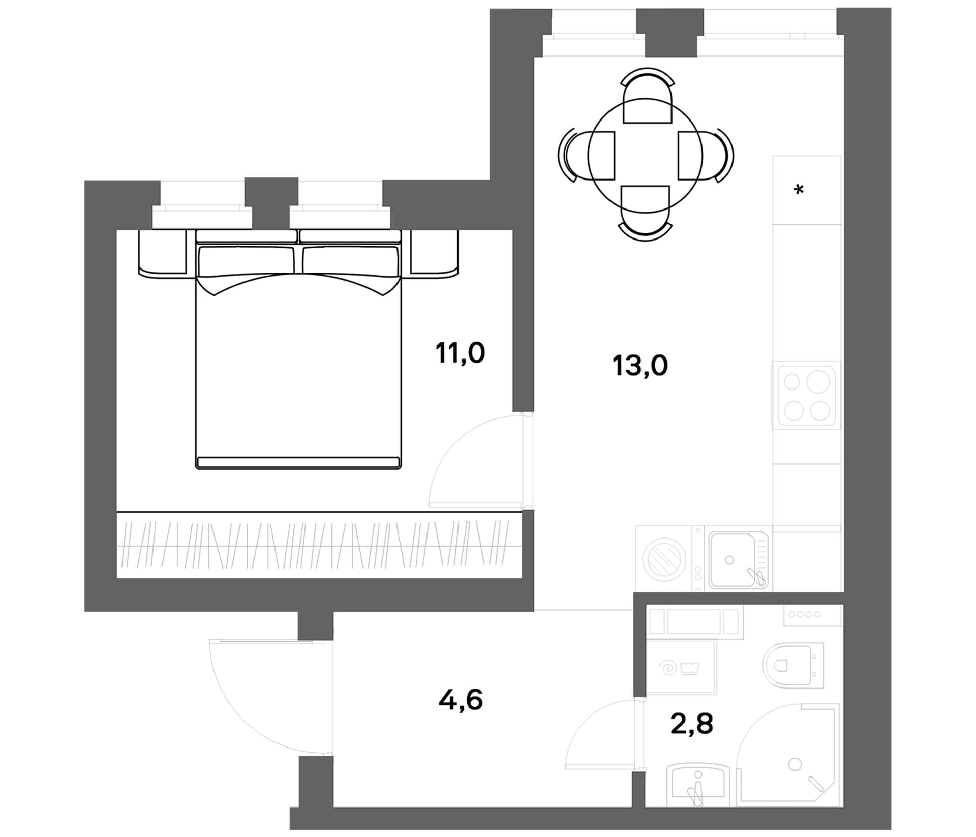 Планировка: 1-комнатная квартира 31,4 м² в ЖК «ЭкоКвартал НЕГА»